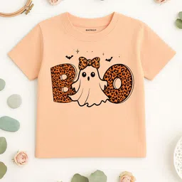 KNITROOT Cotton Lycra Knit Halloween Theme Half Sleeves Boo Text Printed Tee - Peach-picture-31