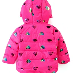 Babyhug Woven Full Sleeves Padded Hooded Jacket With Metallic Hearts Print - Fuchsia image 2
