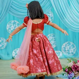 Li&Li BOUTIQUE Taffeta Half Puffed Sleeves Floral Printed & Embroidered Lehenga Choli With Dupatta Set - Maroon image 3