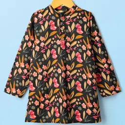 CrayonFlakes Cotton Woven Full Sleeves Floral Printed Kurta Pyjama Set - Black image 3