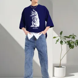 AUSK Graphic Printed Round Neck Drop Shoulder Sleeves Oversized Pure Cotton T-shirt image 2