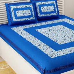 UniqChoice Color 100 Percent Cotton Jaipuri Traditonal Double BedSheet With 2 Pillow Cover - Blue image 3