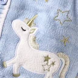 Babyhug Knit Full Sleeves Hooded Front Open Sweater With Unicorn Embroidery & Star Sequin - Light Blue image 3