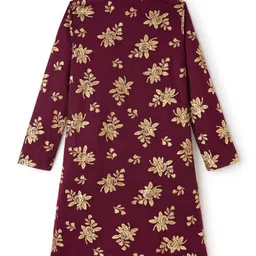 EARTHY TOUCH Single Jersey Knit Full Sleeves Kurta Pyjama Set with Foil Floral Print - Maroon image 4