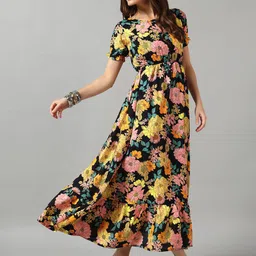 Krunal Raiyani Women Floral Print Crepe A-Line Midi Dress-picture-22