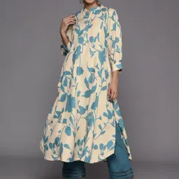 Varanga Beige Cotton Floral Print Straight Kurta-image-0
