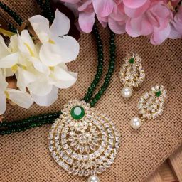 Saraf RS Jewellery Gold Plated Polki studded With Green Beads Maala Necklace Set-picture-21