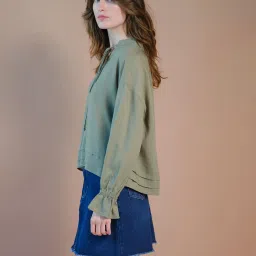 VIRGIO Green Linen Blend Solid Long Sleeves Top image 3