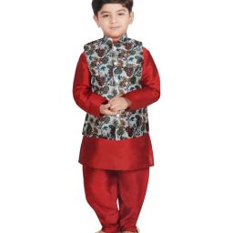 SG Yuvraj Kids White & Maroon Floral Print Full Sleeves Kurta Set-picture-49