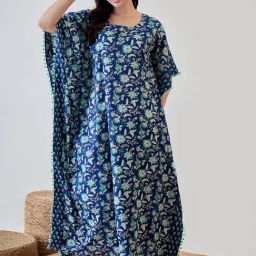 The Kaftan Company Blue Cotton Floral Night Dress-picture-39