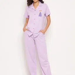 Clovia Purple Cotton Graphic Print Shirt Pyjama Set-picture-15