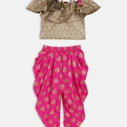 Twisha Girls Golden & Pink Ethnic Motifs Embroidered Frill Top With Dhoti-picture-54