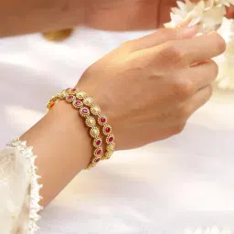 Rubans Set Of 2 Gold-Tone Plated Pink Bangles for Women image 2