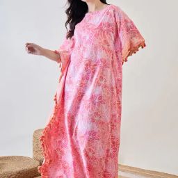 The Kaftan Company Pink Cotton Floral Night Dress-picture-26