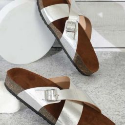 Mozafia Women's Silver Cross Strap Sandals-picture-29
