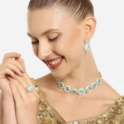 Zaveri Pearls Turquoise Blue Cat Eye Austrian Diamonds Choker Necklace Earring & Ring Set-ZPFK16628-picture-36