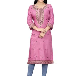 PU FASHION Floral Embroidered Round Neck Thread Work Straight Kurta image 1