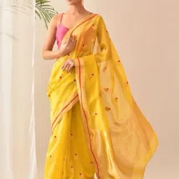 Jaypore Mustard Yellow Cotton Silk Self Design Chanderi Saree image 3