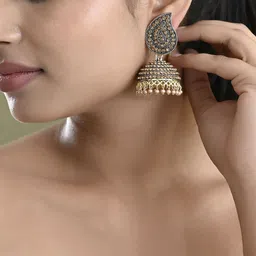 Anouk Gold-Plated artificial stones studded and beaded Stainless Steel Dome Shaped Jhumkas image 2