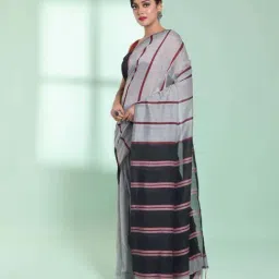 CHARUKRITI Grey & Black Cotton Woven Saree With Unstitched Blouse image 3
