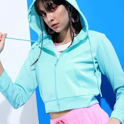 Tokyo Talkies Women Turquoise Blue Hooded Sweatshirt-picture-11