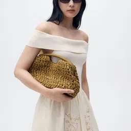 MANGO Embroidered Combined Fabric Off-Shoulder Fit & Flare Midi Dress image 4