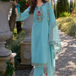 Indo Era Women Floral Embroidered Regular Thread Work Pure Cotton Kurta with Trousers & With Dupatta-picture-33