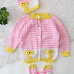 Woonie Kids Knitted Striped Elephant Embroidered Sweater with Cap and Socks-image-11