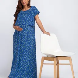 Bella Mama Half Sleeves Maternity Nursing Nighty Floral Print - Blue-picture-20