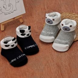 Yellow Bee Pack Of 2 Panda & Teddy Face Detailed Anti Skid Socks - Black & Grey-picture-25