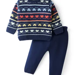 Babyhug Knit Full Sleeves Sweater Set with Heart Design - Navy Blue-picture-19