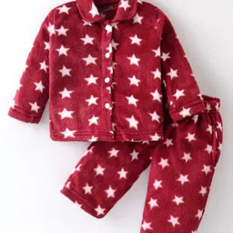 Kanvin Supersoft Extra Warm Velour Full Sleeves Winter Night Suit With Stars Print - Maroon-picture-26