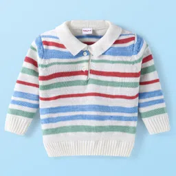 Babyhug Knitted Full Sleeves Striped Collared Pullover Sweater - Off White-picture-17