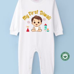 BLUSHES Diwali Theme 100% Cotton Full Sleeves My First Diwali Text Printed Romper - White-picture-43