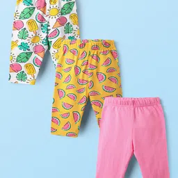Babyhug Cotton Lycra Knit Three Fourth Fruit Printed Leggings Pack of 3 - Pink Yellow & White-image-64