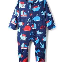 Babyhug Cotton Knit Full Sleeves Footed Sleepsuit With Nautical Theme Print - Navy Blue-picture-24