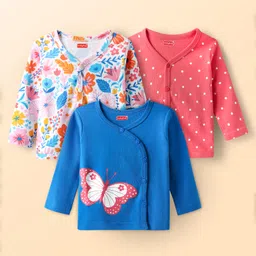Babyhug 100% Cotton Interlock Knit Full Sleeves Front Open Jhablas With Floral Print & Polka Dots Prints Pack Of 3 - Blue White & Pink-picture-12
