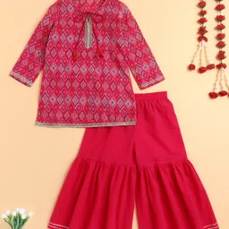 The Magic Wand Cotton Woven Three Fourth Sleeves Ikat Printed & Gota Lace Embellished Kurti Sharara Set - Fuchsia-picture-29