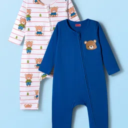 Babyhug 100% Cotton Knit Full Sleeves Rompers With Teddy Bear Print Pack of 2 - Navy Blue & White-picture-14