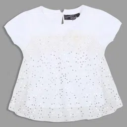Actuel Cotton Knit Cap Sleeves Floral Embroidered Sequins & Pearl Embellished Top - White-image-46
