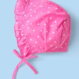 Babyhug Interlock Knit Caps With Polka Dot & Floral Print Pack of 3 - Dark Pink Yellow & Light Pink image 2