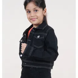 Kiddopanti Full Sleeves Back Peacock Patch Detailed Crop Denim Jacket - Black image 4