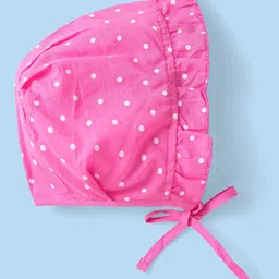 Babyhug Interlock Knit Caps With Polka Dot & Floral Print Pack of 3 - Dark Pink Yellow & Light Pink image 3