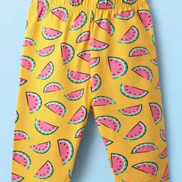Babyhug Cotton Lycra Knit Three Fourth Fruit Printed Leggings Pack of 3 - Pink Yellow & White image 4