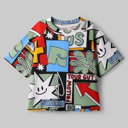 OLLINGTON ST. Cotton Knit Half Sleeves Text Printed T-Shirt & Knit Joggers Set - Multicolor & Black image 5