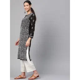 ADA Women Black & White Chikankari Hand Embroidered Semi-Sheer Straight Sustainable Handloom Kurta image 3