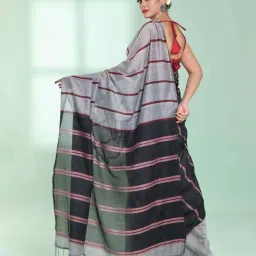 CHARUKRITI Grey & Black Cotton Woven Saree With Unstitched Blouse image 2