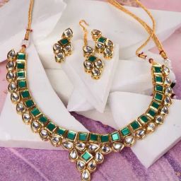 Saraf RS Jewellery Gold Plated Green & White Kundan studded modern Necklace Jewellery Set-picture-14
