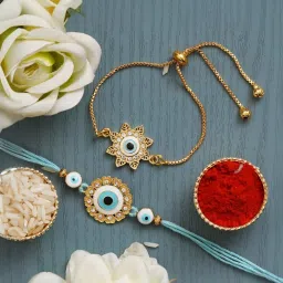 eCraftIndia Set of 2 Floral & Evil Eye Bhaiya-Bhabhi Rakhi with Sibling Agreement & Roli Chawal Pack image 3