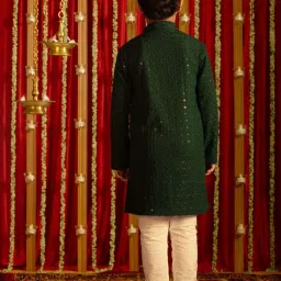 VASTRAMAY Boys Green & White Embroidery Full Sleeves Kurta Sets image 3